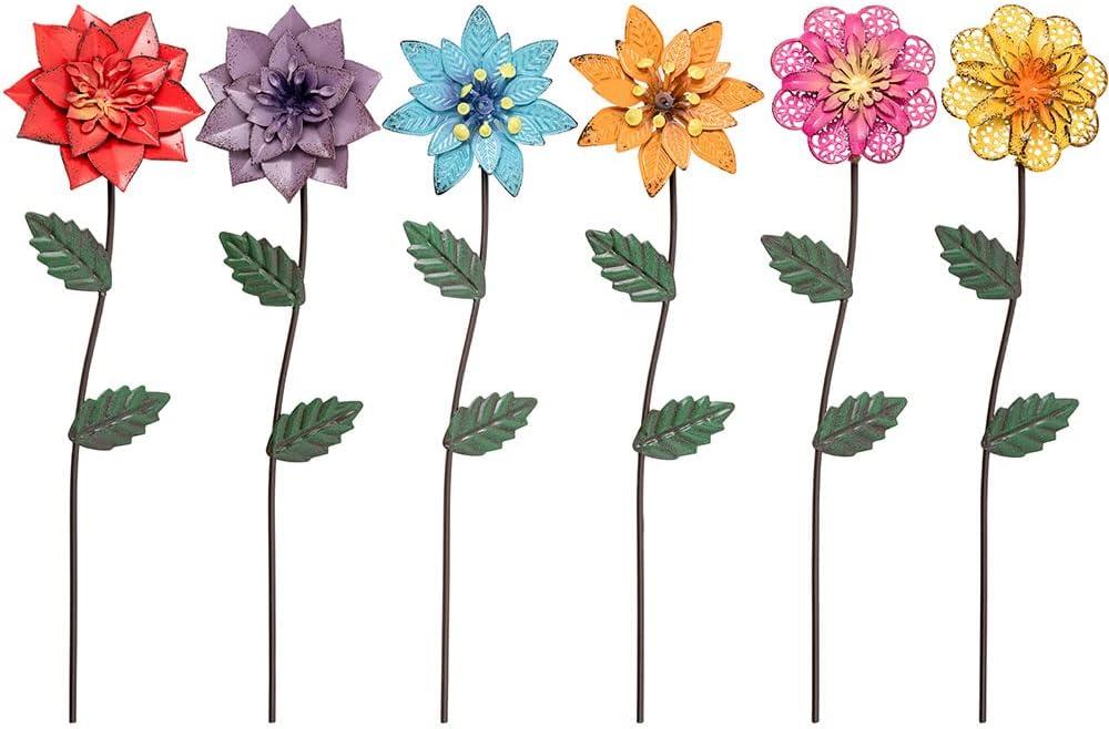 YEAHOME Garden Decor for Outside, 6 Pack Flower Garden Stakes Outdoor Decor Metal Shaking Head Yard Art, Weather Proof Flower Stakes for Yard Porch Lawn Pathway Pot Decorations(Multi-Color)