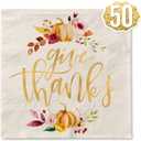 xo, Fetti Thanksgiving Gold Foil Napkins - 50 count | Give Thanks Decorations, 5 x 5 inches, 3ply, Autumn Leaves, Pumpkins, Fall Table Decor