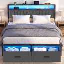 Queen Bed Frame with 2 Drawers, Platform Bed Frame with LED Lights and Charging Station, Upholstered Headboard, Heavy Duty Metal Slats, No Box Spring Needed, Noise Free, Easy Assembly