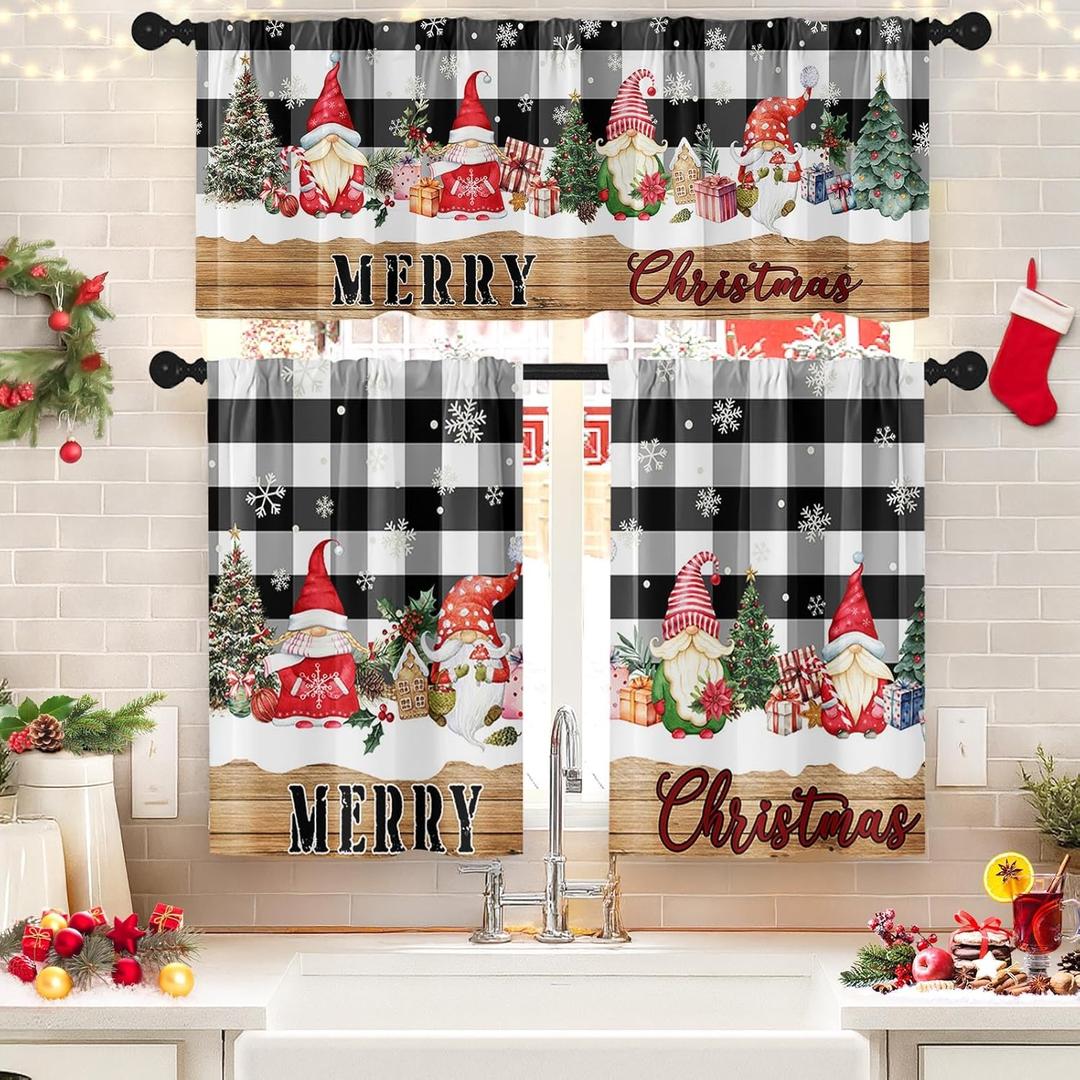 Arttown Christmas Kitchen Window Curtains and Valances Set 36 Inch, Xmas Tree Buffalo Plaid Short Tier Curtain for Cafe Living Room Bathroom, Winter Vintage 3 Pieces Set Kitchen Decor