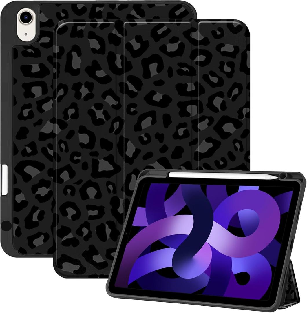 Compatible with iPad Air 11 Inch Case M3/M2(2025/2024),iPad Air 5th/4th (2022/2020) Generation 10.9 Inch Case Pencil Holder TPU Back Auto Sleep/Wake Cover Cute Women Girls-Black Leopard Cheetah