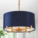 Drum Chandelier,18 Blue and Gold Round Ceiling Pendant Light Fixture Velvet Fabric Shade 4 Lights Modern Semi Flush Mount Hanging Chandelier for Dining Room Foyer Hallway