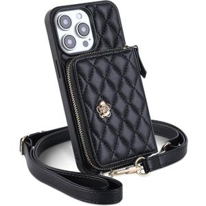 Crossbody Wallet Case for iPhone 15 Pro Max, Women Cross Body Phone Case with Strap, RFID Blocking PU Leather Zipper Phone Purse with Card Holder, Cellphone Purses Trendy (6.7 inch) - Black