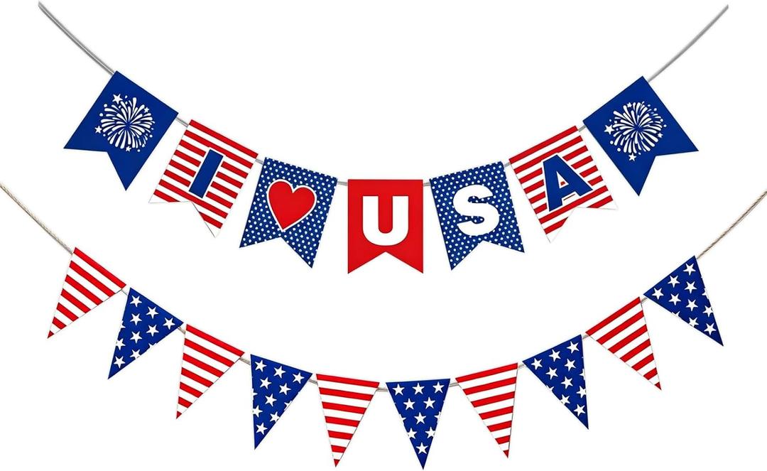 5 x Patriotic Banner 4th of July Decorations, Stars and Stripes Flag Bunting Garland USA Triangle Banner for Fourth of July Independence Memorial Day Party Supplies (Red White Blue)