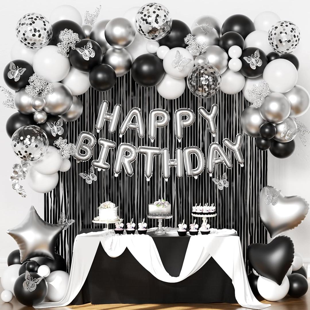 Black and Silver Birthday Decorations for Men Women, Black White Silver Confetti Balloons Happy birthday Banner Butterfly Fringe Curtains for 21st 25th 27th 30th Birthday Decorations