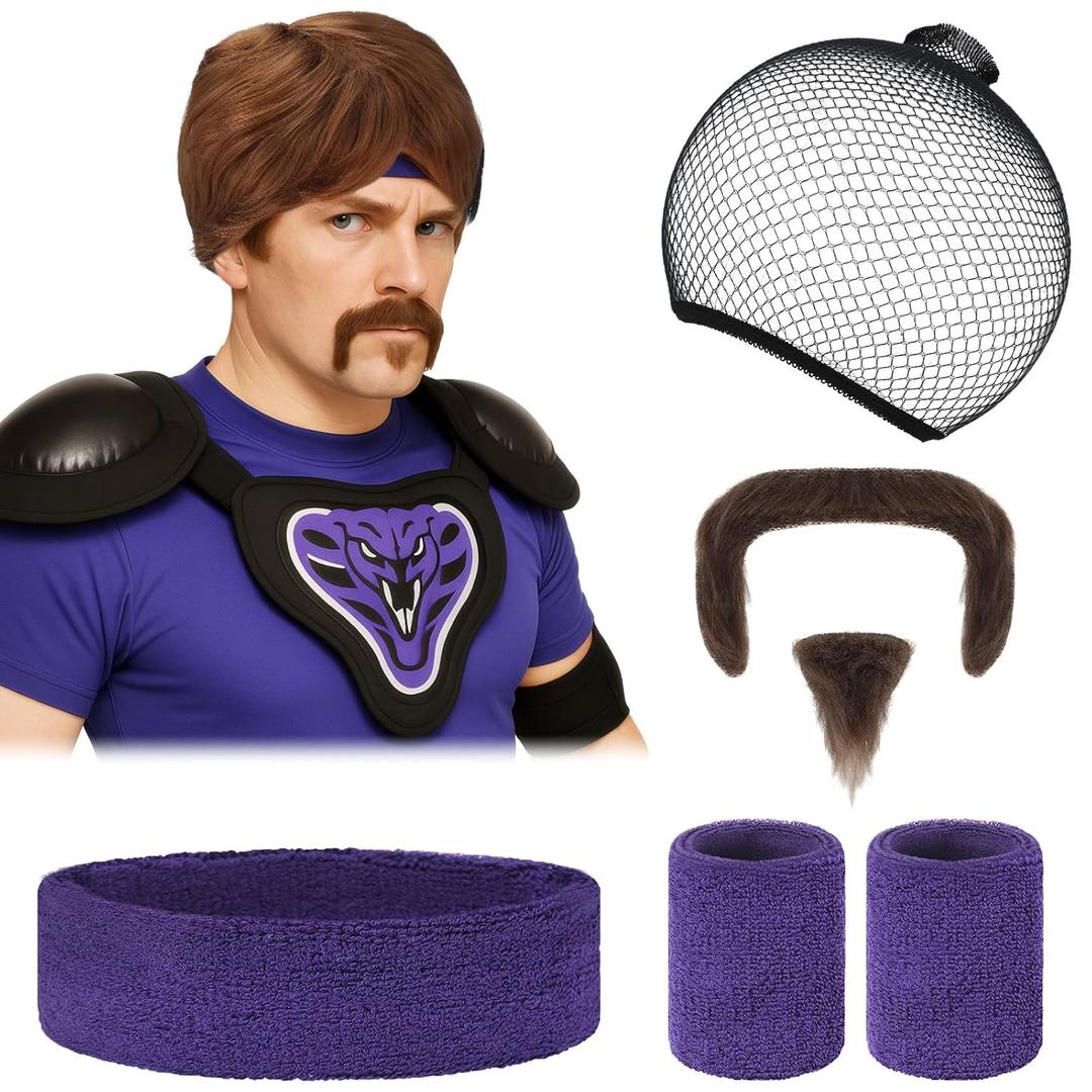 Geyoga 1set Halloween Purple Color Gym Costume Brown Shaggy Male Wig and Fake Mustache Purple Sweatband and Headband Set Costume Cosplay Masquerade Accessories Party Supplies