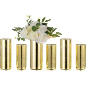 Glass Cylinder Vases Set of 6, Hewory Glittery Gold Vase for Centerpieces, Hurricane Candle Holders for Pillar or Floating Candle, Round Tall Vase for Wedding Anniversary Events Home Table Decor