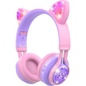Riwbox Kids Headphones, CT-7S Cat Ear Bluetooth Headphones with LED Light, 85dB Volume Limiting, Over Ear with Microphone for Laptop/PC/TV (Pink/Purple)