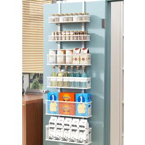 Bunoxea 6-Tier Over The Door Pantry Organizer,Hanging Spice Rack,Over Door Adjustable Basket with Handle,Pantry Organization And Storage, Laundry Room,Bathroom,Large Capacity,D5.3xW15.7xH60.9in (White)