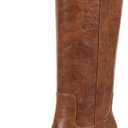 ISNOM Knee High Boots Women Chunky Low Heel Square Toe Elastic Boots Side Zipper Faux Leather Fall Long Tall Boot (6, A-reddish Brown)