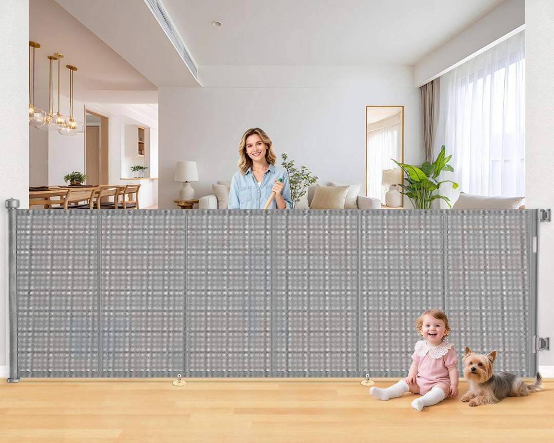 120 Inch Retractable Baby Gates Extra Wide, 41 Inch Reinforced Extra Tall Gate for Large Openings, Mesh Safety Gate for Kids Pets, Retractable Dog Gate for Stair Hallways Doorway Indoor Outdoor, Gray