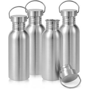 Volhoply 22oz Uninsulated Single Walled Water Bottle 4 Pack, Stainless Steel Reusable Water Bottles with Handle, BPA Free & Plastic Free 18/8 304 Metal Water Bottles for Camping, Hikers, Cyclists