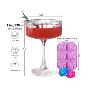 11oz Large Vintage Coupe Glasses Set of 6, Ribbed Cocktail Glasses,Classic Espresso Martini Glasses,Margarita and Champagne Glasses for Bar,Wine,Dessert,Cocktail Glassware Gift Set