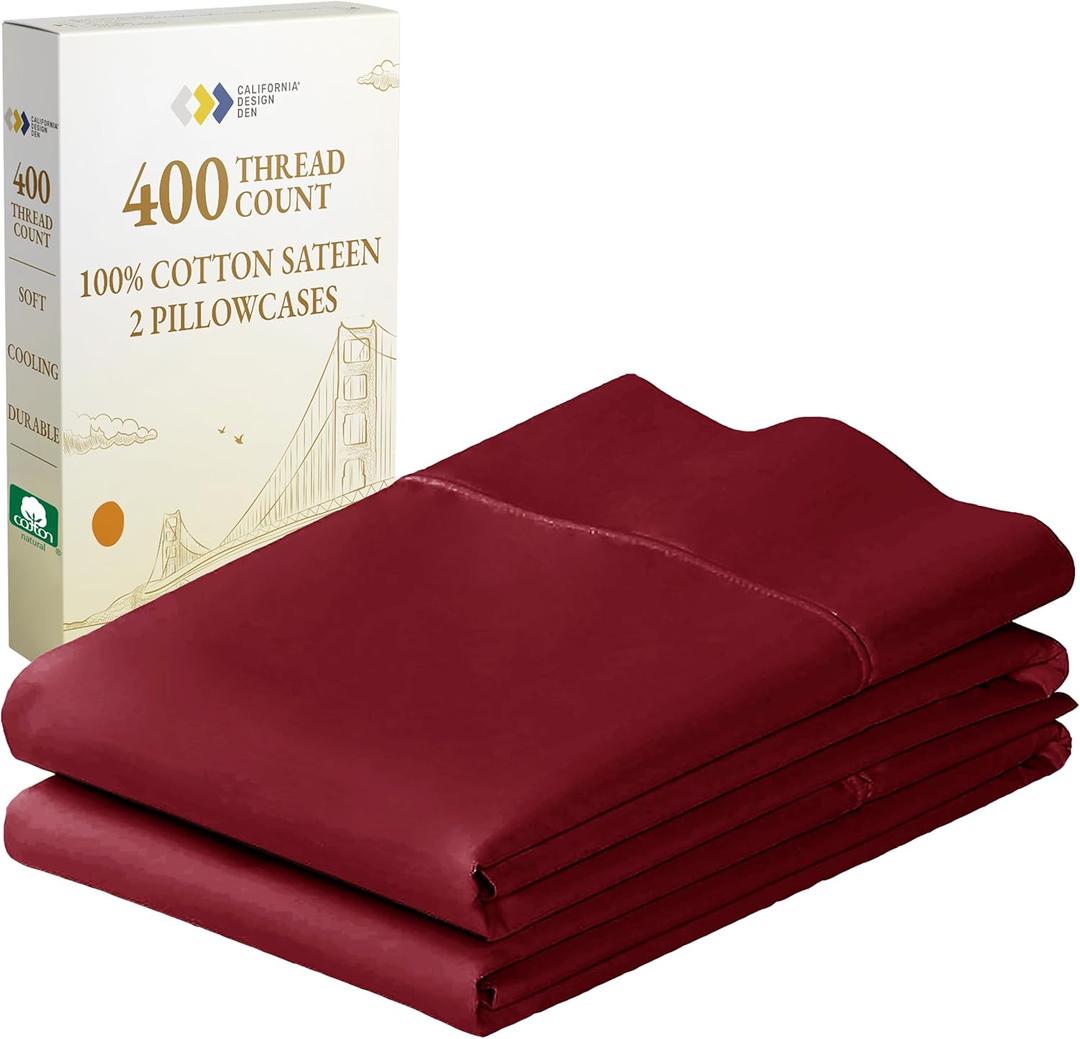 California Design Den Pillow Cases Standard Size Set of 2 - Luxury 400 Thread Count Sateen, 100% Cotton, Soft Sateen, Fits Standard and Queen Pillows - Bright True Red