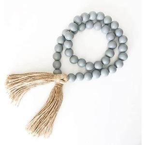 FOUNDATIONS DECOR Wood Bead Garland with Tassels - Boho Bead Garland - Slate Gray