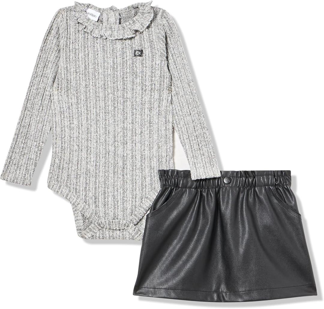 Calvin Klein Baby Girls' 2pc Skirt Set (12 Months, Heather Gray/Deep Black)