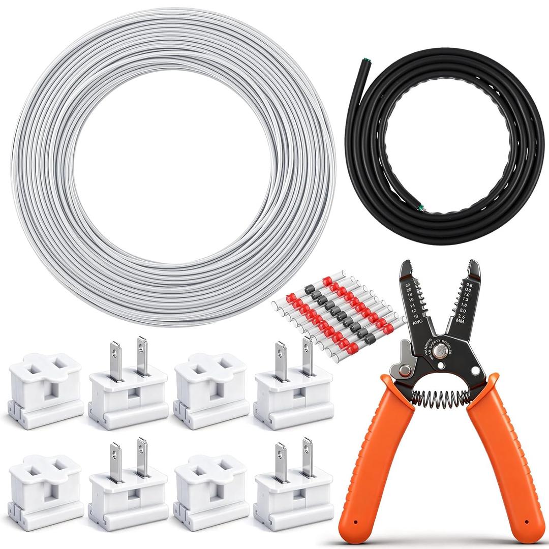 18/2 SPT-1 Electrical Wire Kit - 18/2 Landscape Lighting Wire with Strippers Plugs, Heat Shrink Terminals, Heat Shrink Tubing for Camp Holiday Lamp Extension Cable, Outdoor (White,100 ft)
