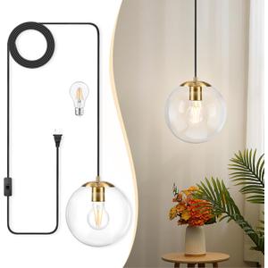 KoKo&Yukina 8" Globe Pendant Light Gold Plug in Pendant Light Adjustable Hanging Lights with Plug in Cord Brushed Gold Finished with Clear Glass Lampshade for Bedroom Kitchen IslandBulb Included