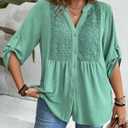MSHING Women's Plus Solid Color Casual top 3/4 Sleeve V-Neck Hollowed Out Embroidered Button up Shirt (Green, XXXL)