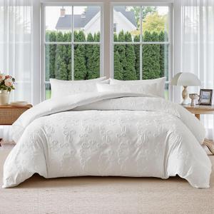 7 Pieces Bow Comforter Set for Girls White Tufted Boho Bedding Set Queen Size Farmhouse Bed in A Bag as Gifts (1 Comforter, 1 Flat Sheet, 1 Fitted Sheet, 2 Pillowcase and 2 Pillow Sham)