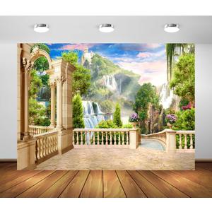 BELECO 7x5ft Fabric Beautiful Garden Terrace View of Mountain Waterfall Backdrop Picturesque Green Mountain Trees Cascade of Waterfalls Columns Arch Landscape Background Wall Mural Photo Studio PropsBELECO 7x5ft Fabric Beautiful Garden Terrace View of Mountain Waterfall Backdrop Picturesque Green Mountain Trees Cascade of Waterfalls Columns Arch Landscape Background Wall Mural Photo Studio Props (A16444)