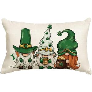AVOIN St Patricks Day Gnomes Throw Pillow Cover, 12 x 20 Inch Ireland Flag Lucky Clover Shamrock Cushion Case Decoration for Sofa Couch