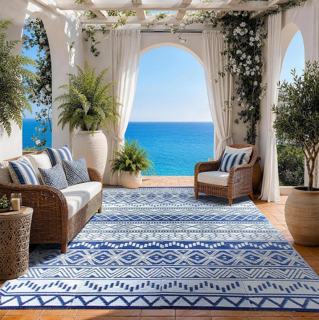 Outdoor Rug 8 x 10 ft, Reversible Plastic Straw Rug for Patio, Waterproof Large Outdoor Carpet for RV, Patio, Camping, Backyard, Deck, Picnic, Beach, Navy & White