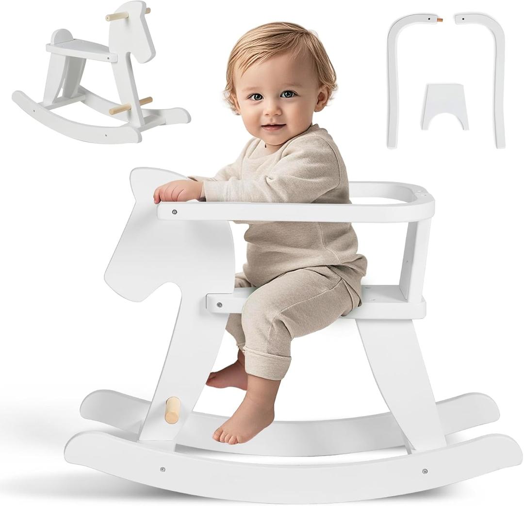 labebe - Wooden Rocking Horse, Baby Wooden Ride On Toys for 12M+, White Rocker Toy with Removable Fence, Toddler Riding Toy Indoor/Outdoor, Nursery Birthday Gift, 11.42 inches x 26.77 inches x 19.29 inches