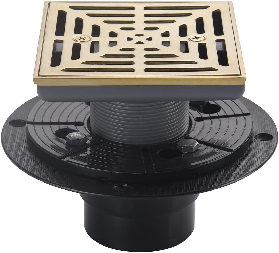 4-1/4 Inch Brushed Gold Shower Drain Square, Base with Adjustable Drain Flange Kit PVC, Removable Grille Strainer Drain Cover with Screws, SUS304 Stainless Steel Brass Face