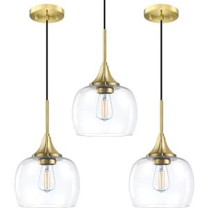 3 Pack 1 Light Hanging Indoor Kitchen Island Pendant Ceiling Light 7.3" Clear Glass Shade Fixture,Gold Finish Modern Farmhouse Dinning Over Sink