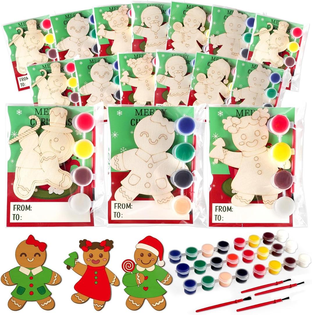 24 Sets Christmas Gingerbread Man Party Favors Gingerbread Man Wooden Painting Craft Kits for Kids Thank You for Coming Gifts Craft Xmas Party Supplies Merry Christmas Cards - Kids Birthday Gifts Bulk