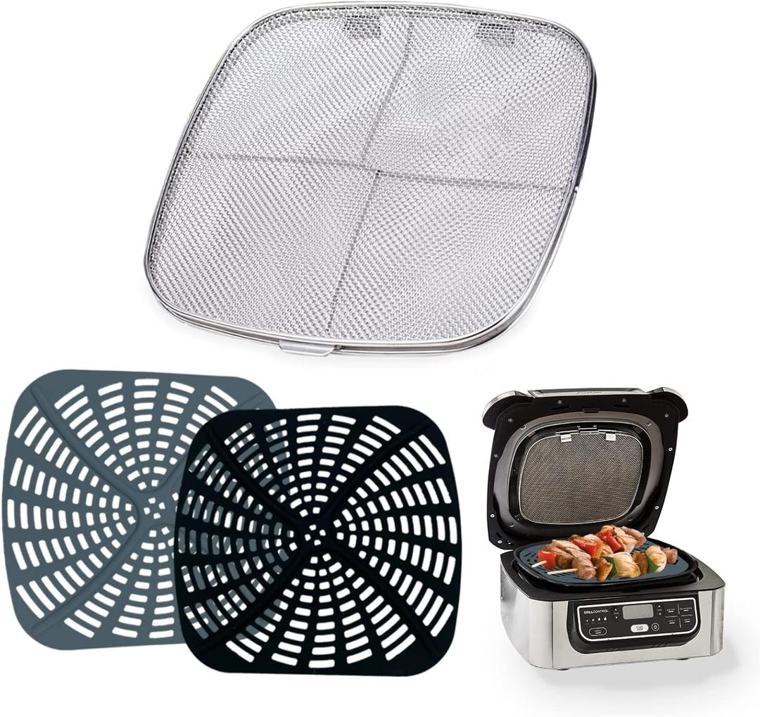 Replacement Stainless Steel Splatter Shield and Reusable Silicone Liner Set for Ninja Foodi AG301, Fine Mesh Splatter Screen Accessories for Ninja Foodi Indoor Grill