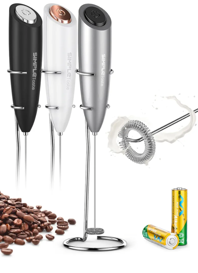 SIMPLETaste Milk Frother Handheld Battery Operated Electric Foam Maker, Drink Mixer with Stainless Steel Whisk and Stand for Cappuccino, Bulletproof Coffee, Latte