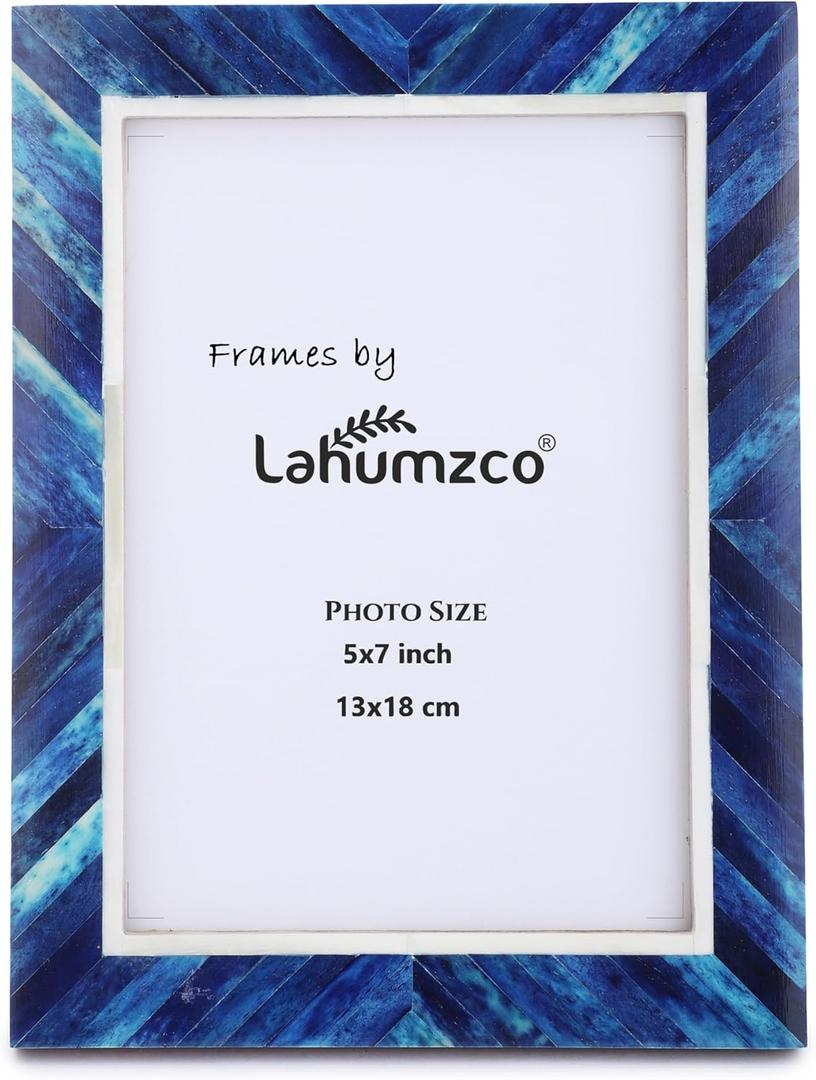 Handmade Picture Photo Frame Chevron Herringbone Art Inspired Vintage Table-Top/Wall Dcor Boho Frames (5x7 Inches, Blue, White)