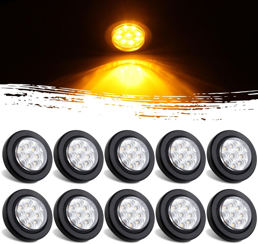 10Pcs 2 Inch Round Led Marker Lights 9 Amber LED Reflectors Clear Lens, 2 Inch Round LED Truck Trailer Clearance Side Marker Lights w/Light Grommets and 2 Prong Trailer Wire Pigtails 12V Waterproof