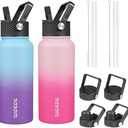 BJPKPK 2 Pack Insulated Water Bottles with Straw Lids, 32oz Stainless Steel Metal Water Bottle with 6 Lids, Leak Proof BPA Free Thermos, Cups, Flasks for Travel, Sports (Cherry+Ocean Dream)