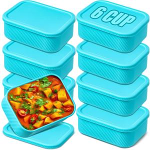 Nuogo 8 Pcs 6 Cup Silicone Freezer Trays with Lid Soup Containers Reusable Freezer Silicone Molds Rectangle Containers Ice Trays for Sauces Stews Curries, Lake Blue