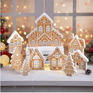 Faccito 9 Pcs Wood Gingerbread House Decor Sets Christmas Village Bulk Wooden Christmas Tree Centerpiece Winter Desk Shelf Ornament for Mantel Window Xmas Tabletop Farmhouse Indoor Decorations