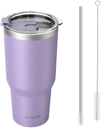 Pack of 2 AUSOR 30 oz Tumbler with Lid and Straw,Water Bottle,Insulated Stainless Steel Tumbler for Hot & Cold, Coffee Travel Mug Cups Reusable Purple