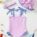 Renotemy Baby Girl Swimsuit Toddler Girls One-Piece Swimsuit Summer Beach Bikini Girl Bathing Suits with Hat 0-24 Month (3-6 Months, Pinkstripe)