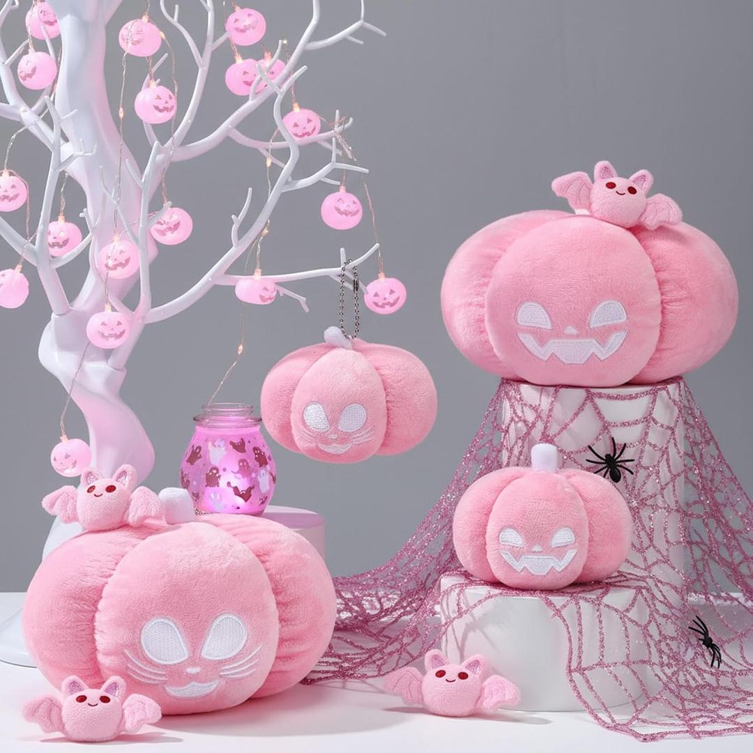 Aoriher 4 Pcs Halloween Pumpkin Plush Toy Pumpkin Plush Pillow Stuffed Plushie for Boys Girls with 2 Expressions Party Decor Gifts, 3.5 and 6 Inches (Pink)