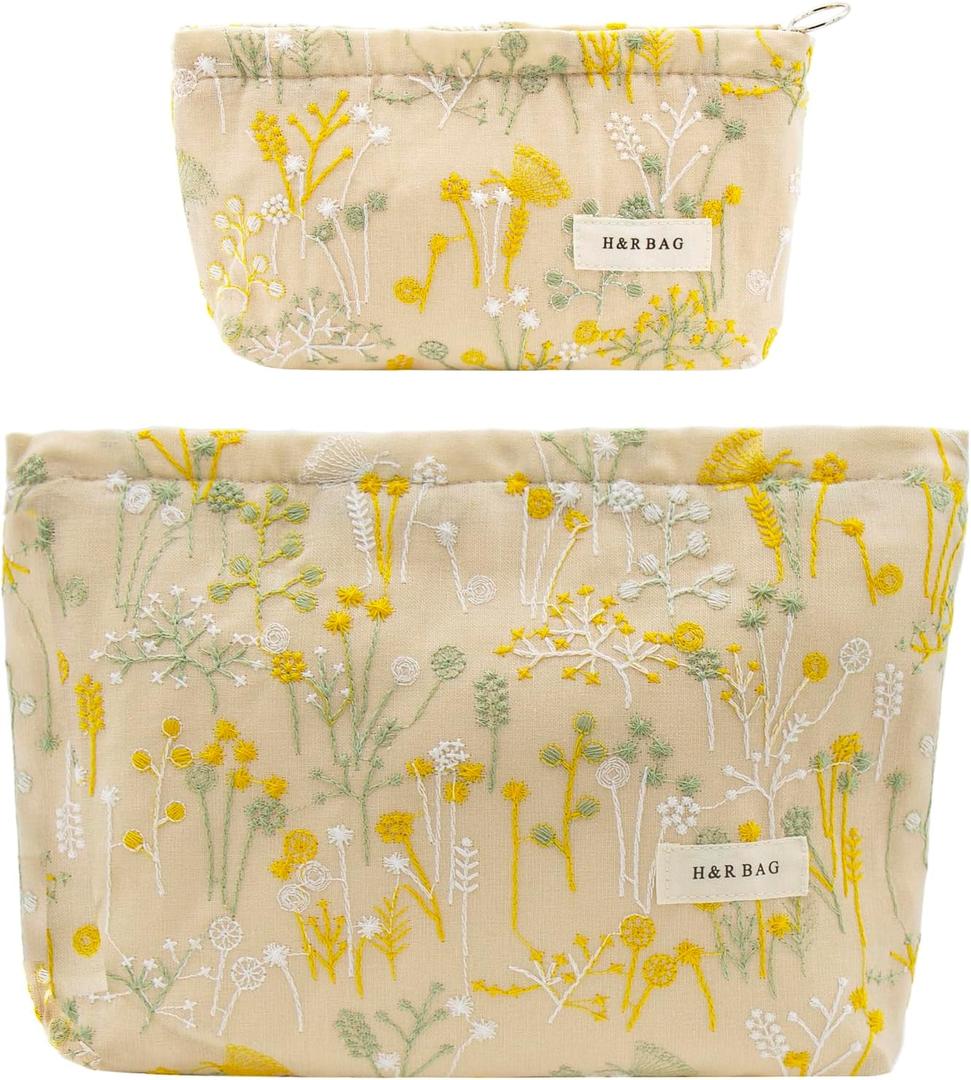 getgto 2 Pcs Makeup Bags, Large Cosmetic Bag Travel Toiletry Bag Organizer for Women, Embroidery Craft, Floral Makeup Bag Small Cosmetic Pouch Purse with Zipper Gifts for Girls Teen