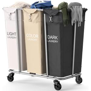PLKOW Laundry Sorter 3 Section, 220L Large Laundry Cart with Wheels 3 Hamper Laundry Sorter with Steel Frame and Removable Bag, Rolling Laundry Cart for Home, Laundry Room, Hotel, 6 Bushel (White+Khaki+Black)