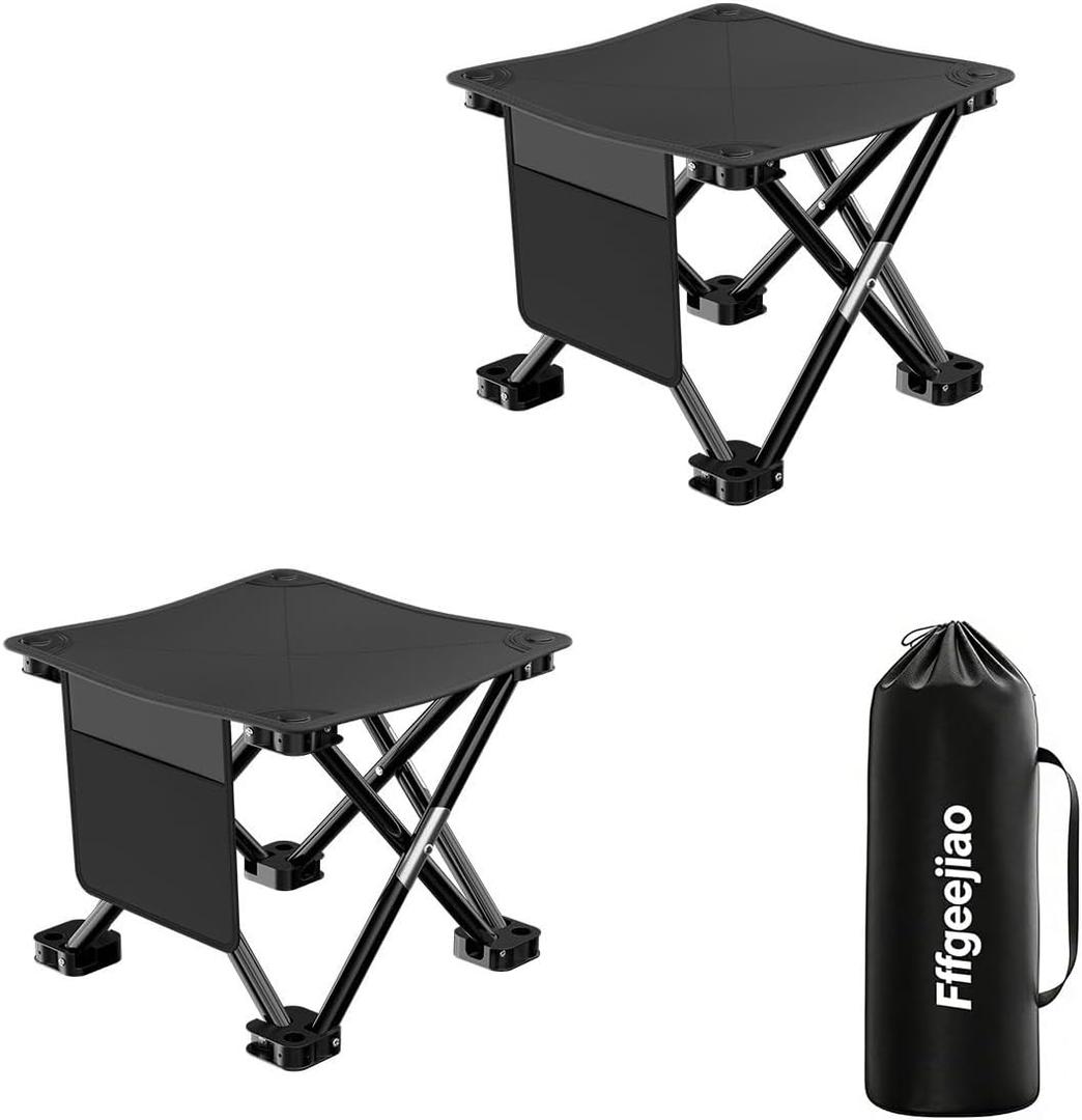 2 Pcs Lightweight Folding Camping Stool, 14 Inches, Black | Camping Chair Seats, Side Pocket, Carry Bag, Outdoor Hiking, Fishing, Picnic, Beach, Lawn Party, 14.17" x 14.17" x 11.8"
