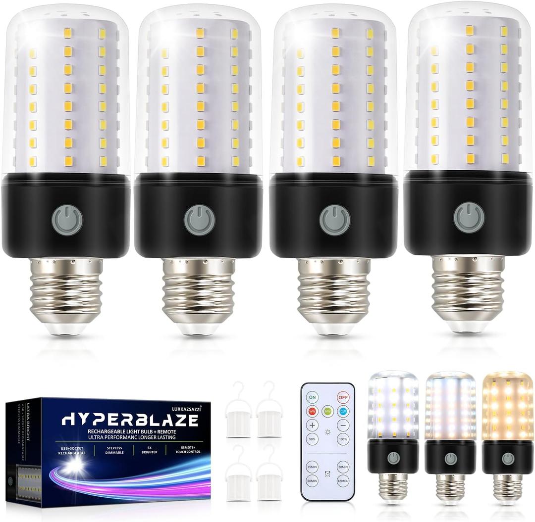 HYPERBLAZE Battery Operated Light Bulb with Remote, 72-LED Wide Bright & 3 Colors & Dimmable Rechargeable Light Bulbs for Lamps, USB+ E26 Lamp Socket Charging for Non-Hardwired Sconces, 4 Pack
