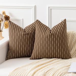 Kevin Textile Pack of 2 Farmhouse Decorative Throw Pillow Covers Boho Woven Texture Burlap Linen Cushion Cover Striped Pillowcase, Brown 20 x 20 inches 50 x 50 cm
