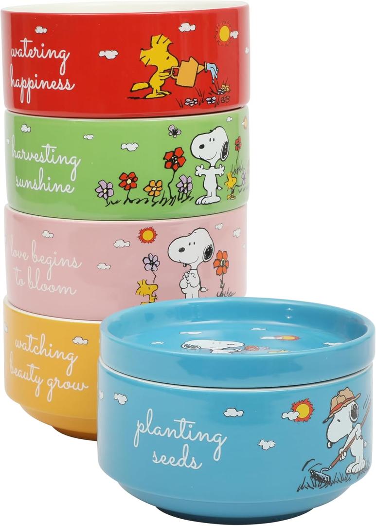 Peanuts Snoopy 6-Piece Stackable 5.5-Inch Decorated Stoneware Bowl Set With Matching Plate, Microwave & Dishwasher Safe, Collectible Kitchen Dinnerware