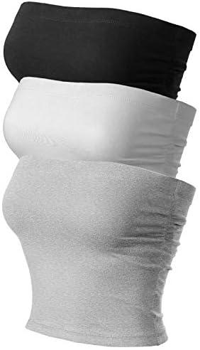 MixMatchy Women's 3 Pack Casual Summer Ruched Side Backless Double Layered Tube Top with Built in Shelf Bra, Medium