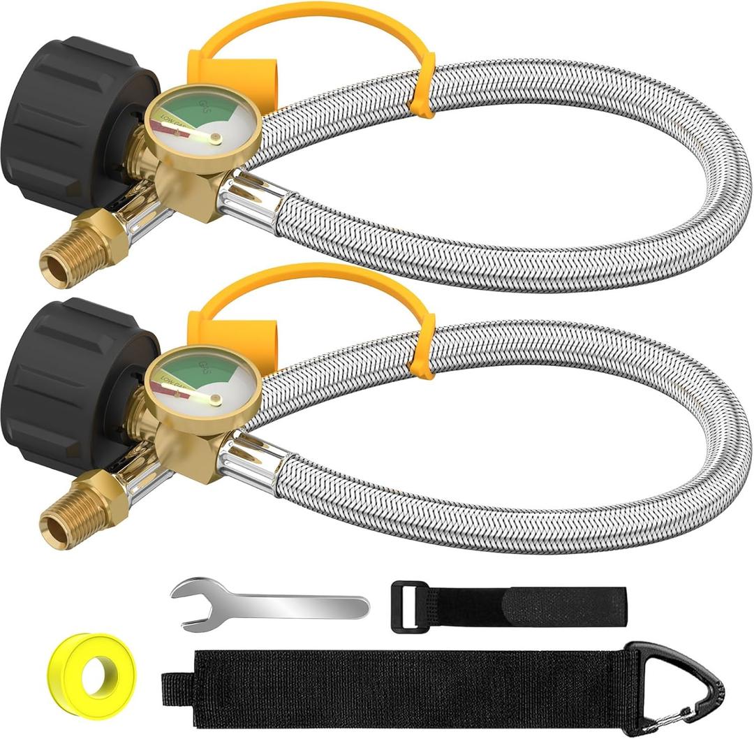 2 Packs RV Propane Hoses with Gauge, 18 Inch Stainless Steel Braided Camper Tank Hose,Rv lp Gas Hoses Connector for Standard Two-Stage Regulator, 40Lb 250PSI, 1/4" NPT /QCC1 Fittings