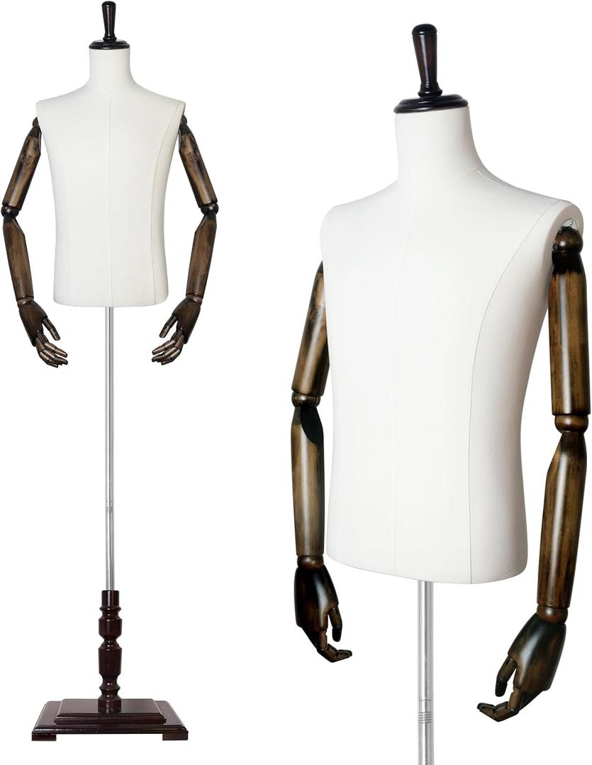 Male Mannequin Torso Dress Form Mannequin Body with Wooden Arms 61"~78" Height Adjustable Body with Wooden Stand for Clothing Retail Sewing Shop, Male Two Hands